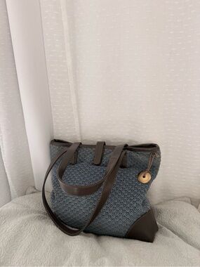 ‘The Sak’ Blue Woven Tote with Brown leather Trim